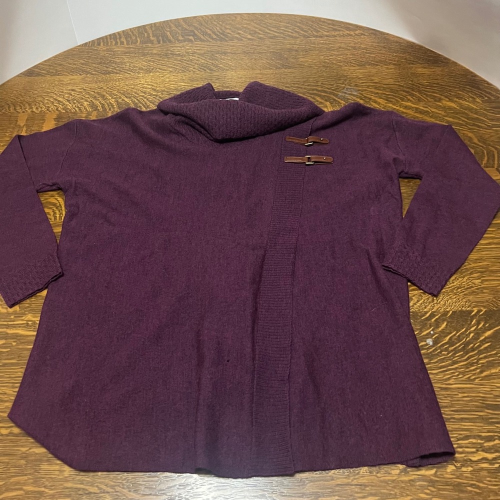 Ellen Tracy Sweater Womens Large Purple Merino Wool Cowl Neck Buckle Accent